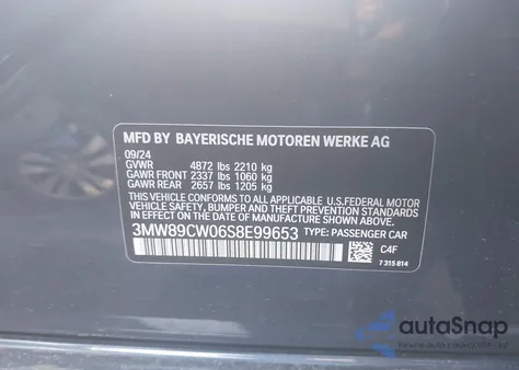 2025 BMW 330I xDrive z USA, uszkodzony, nr VIN 3MW89CW06S8E99653